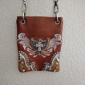 Brown Leather Crossbody Bag with Rhinestones